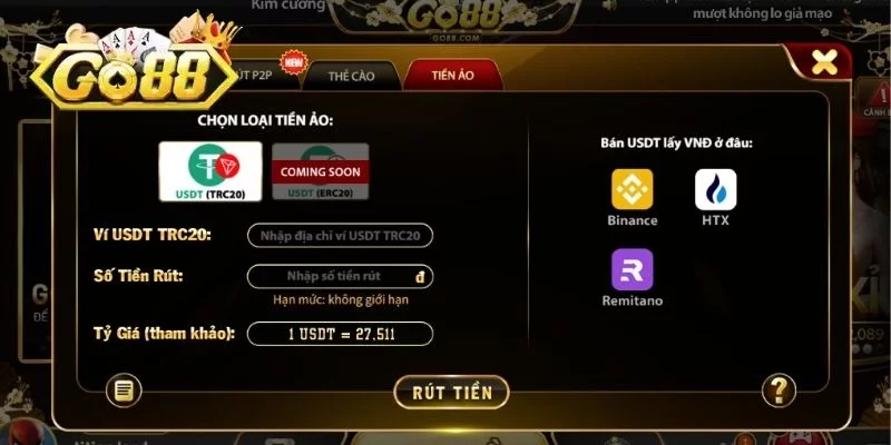 Rút tiền GO88 qua cổng tiền ảo (USDT TRC20)